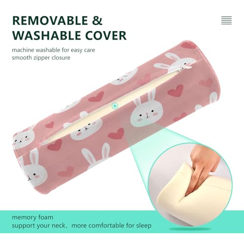 Bolster Pillow Neck Pillow Round Soft Health Memory Foam Pillows Long Cylindrical Body Pillow with Removable Cover Cute Back Yoga Cute Bunny Hearts Pink 17" x 5.5" - color: Cute Bunny Hearts Pink