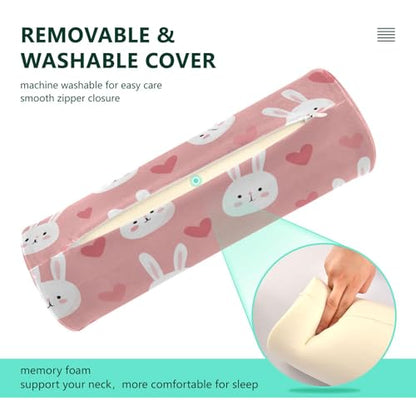 Bolster Pillow Neck Pillow Round Soft Health Memory Foam Pillows Long Cylindrical Body Pillow with Removable Cover Cute Back Yoga Cute Bunny Hearts Pink 17" x 5.5" - color: Cute Bunny Hearts Pink