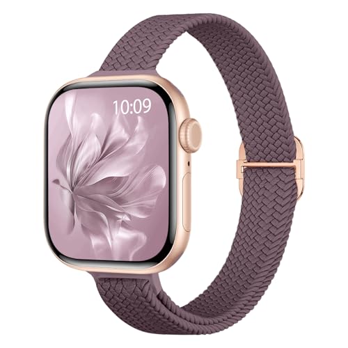 Slim Braided Stretchy Band Compatible with Apple Watch Bands Women | 40mm 41mm 42mm 38mm 44mm 45mm 46mm 49mm Thin Elastic Nylon Solo Loop Strap ,Wristband for iWatch Series 11 10 9 8 7 6 5 4 SE - color: SmokePurple, size: 44/45/46/49mm