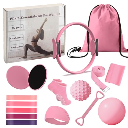 Pilates Ring Circle Set for Women, 17 Pcs Yoga Equipment Sets, with 14'' Yoga Ring, Massage Ball, Resistance Bands, Hip Thrust Belt, Hair Band, Anti Slip Socks for Legs Arms and Thighs - color: Pink
