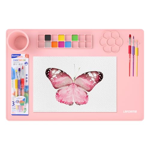 Silicone Painting Mat, 23.6x15.8in Art Drawing Mat with Brushes | For children DIY art watercolor clay use, table protection craft mat, painting station with cup palette cleaning cup, pink - color: Pink