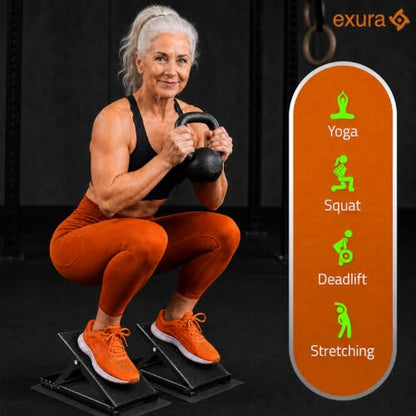 EXURA Slant Board for Calf Stretching & Plantar Fasciitis Relief, Adjustable Wide Metal Squat Wedge, Calf Stretcher for ATG Training, Knees Over Toes & Physical Therapy