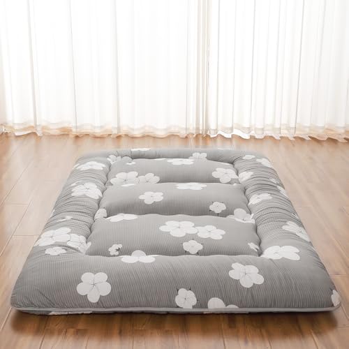 Zelladorra Japanese Floor Mattress, Futon Mattress | Roll Up Tatami Mat with Portable Storage Bag and Washable Cover, Suitable for Camping, Guest Room, Grey Cotton - color: Grey Cotton ( 4"th + Dust Cover ）, size: Full (80"L x 54"W)