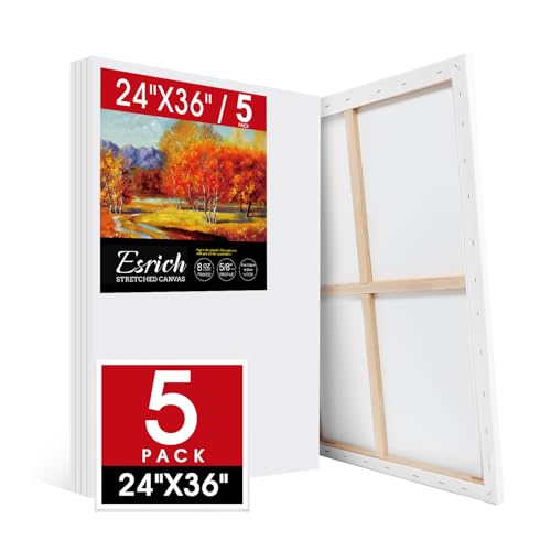 ESRICH Stretched Canvas for Painting 24x36 Inch, 5Pack Large Canvas for Painting, Primed Acid-Free Cotton Blank Canvases, Art Paint Canvases for Oil Paint,Watercolor,Acrylic Paint,Gouache and Tempera. - size: 24X36IN 5 Packs