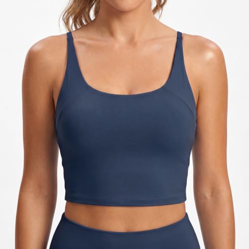 Aoysky Womens Strappy Sports Bra Adjustable Cross Back Longline Crop Top | Buttery soft fabric, Removable padded cups, Convertible straight/cross back, U-neck longline, Yoga gym pilates daily wear - color: Navy, size: Small