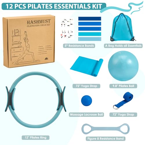 HASHMUST Pilates Ring Kit 12 PCS for Women, Home Workout Equipment with Magic Circle, Mini Exercise Ball, Resistance Bands, Massage Lacrosse, Yoga Strap, Full-Body Fitness Set for Toning & Gift - color: Blue