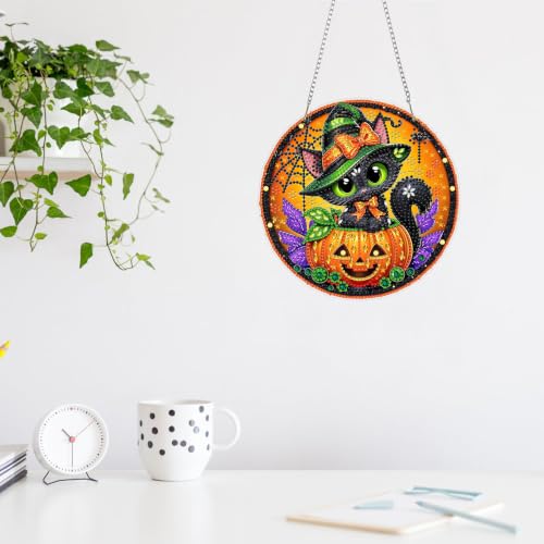 MAXBYE Diamond Painting Hanging Pendant Pumpkin and Cat, DIY Special Shaped Diamond Art Kits for Adults, Double Sided Rhinestone for Beginners Window Wall Door Decoration 8×8 Inch - color: XSL068
