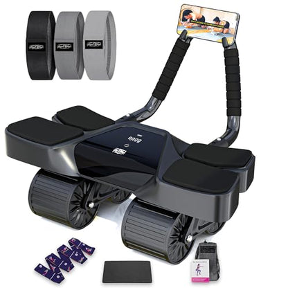 Ab Roller Home Gym Equipment – 4 Wheels Ab Wheel Muscle Roller with Automatic Rebound, Yoga Stretching Strap, 3 Resistance Bands – Comfortable Elbow Support with Non-Slip Handles – Built-in Workout Tracker - color: Black + 3 Bands + 1 Strap