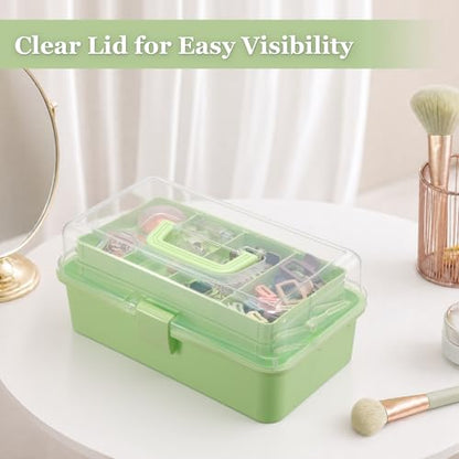 BTSKY 3-Layer Foldable Craft Organizer, Portable Tackle Box with Handle & Adjustable Dividers, Multi-Purpose Toolbox for Art Supplies, Sewing, Medicine, 12.2x6.7x5.7 Inch, Light Green - color: Light Green