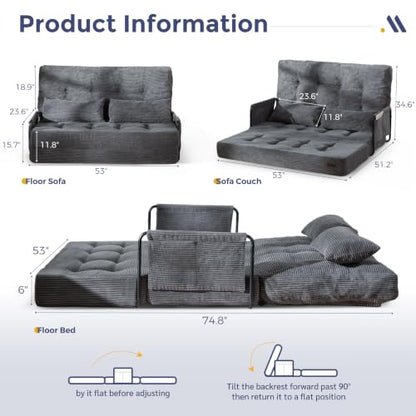 MAXYOYO Adjustable Folding Sofa Bed Couch with 2 Pillows, Dark Grey | Multi-Functional Bean Bag Bed, 5-Position Foldable Lazy Floor Sofa Bed with Armrest, Versatile Floor Seating for Reading - color: Dark Grey
