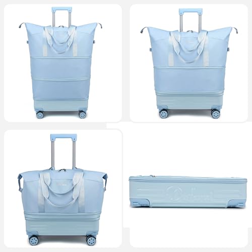 Expandable Rolling Travel Bag with Removable Wheels & Handle, Large Capacity Wheeled Duffle Tote, Foldable Carry On Luggage for Women, Lightweight Weekender Overnight Bag (LightBlue) - color: LightBlue