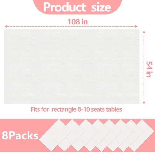 8 Pack White Paper Tablecloths for Rectangle Tables | Disposable Table Cloths, 3 Ply Papers and Plastic Quality Table Cover, for Parties Wedding Birthday, 54 x 108 Inch