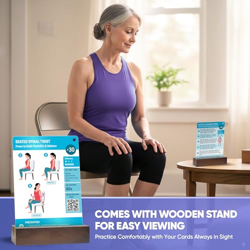 [100+ BIG CARDS] Chair Yoga for Seniors Over 60 - Chair Yoga Cards with Step-by-step Guides Full HD Videos, 28 Days Challenge for 3 Levels, Bonus 4 Rings & Wooden Base, Chair Exercises for Senior