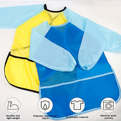 2 Pack Kids Art Smocks Children's Artist Apron Painting Smock with Long Sleeve and 3 Pockets for Age 3-8 - color: Light Blue & Yellow