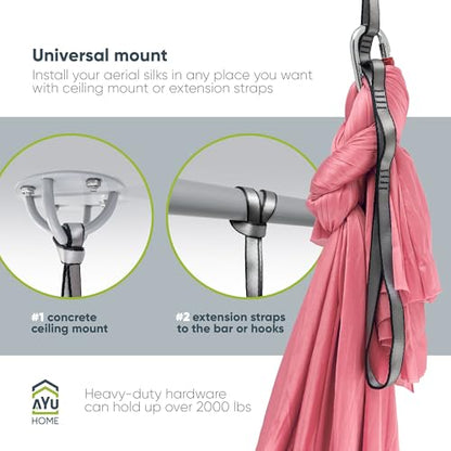 AyuHome Aerial Silks Yoga Swing Aerial Hammock Kit for Home - color: Aerial silk - Pink New