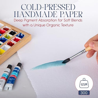 Wanderings Thick Handmade Watercolor Paper with Deckle Edge - 11" x 17" - 300GSM - Premium White Hot Press Smooth Mixed Media Paper Made with Recycled Cotton - 25 Loose Leaf Sheets - color: White, size: 11x17" (28x43cm)