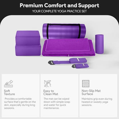 BalanceFrom 7-Piece Yoga Set with 71x24x1 Inches Extra Thick Mat and Carrying Sling – Includes 2 Blocks, Stretch Strap, 2 Towels, and Knee Pad for Home, Studio, and Gym Workouts - color: Purple