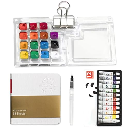 Mini Watercolor Paint Set Pocket Artist Watercolor Travel Set with Mini Paint Palette,Brushes, 12 Colors, Watercolor Sketchbook for Artists Painters Students(Plastics) - size: 15 Grids