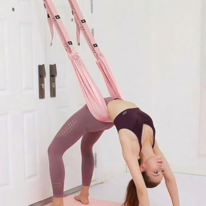 Door Aerial Hammock Swing - No Drilling Over Door Yoga Stretch Straps for Stretching, Inversion Pilates Kit, Anti-Gravity Home Workout - Pink/Purple