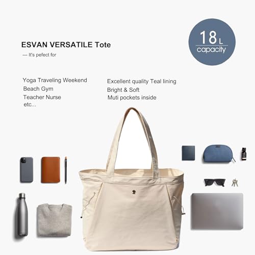 ESVAN Yoga Tote Bag for Women Shoulder Bags Drawstring for Office Workout Travel Carryall Pilates Gym and Beach - color: Beige