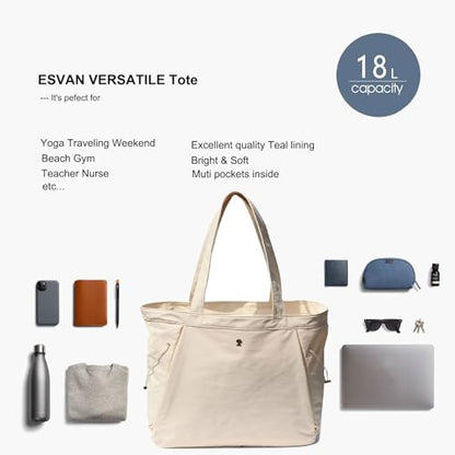 ESVAN Yoga Tote Bag for Women Shoulder Bags Drawstring for Office Workout Travel Carryall Pilates Gym and Beach - color: Beige