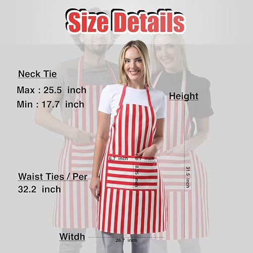 TOSHEX Kitchen Apron Cotton Waterdrop Resistant Adjustable Button Women Men | Premium Cotton Cooking Apron with Pocket. Striped, Gift, Red - color: Red