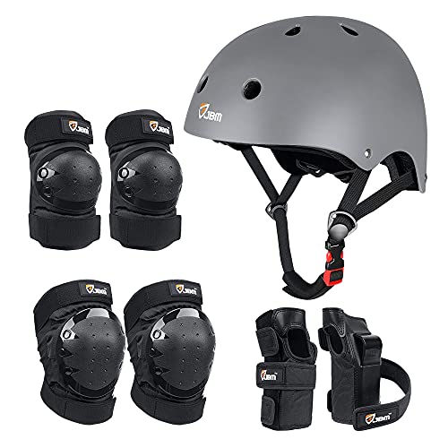 JBM Adult & Kid Skating Protective Gear Set for Beginner to Advanced, Skateboard Helmet Knee and Elbow Pads with Wrist Guards for Inline Roller Skating, Scooter, Skateboarding - color: Gray, size: Large (14+ years)