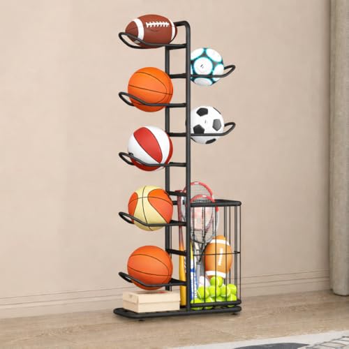 7-Ball Sports Equipment Storage Rack with Ball Holder and Basketball Rack, Athletic Gear Organizer ball Stand - Organize Toys, Sports Gear and More, 57.5" (Black) - size: 7-Balls with Basket