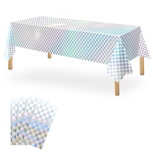 OQOQ Checkered Iridescent White Tablecloth (4 Packs), 54x108 Inches Christmas Plastic Table Cover White Silver Disposable Table Cloth for Birthday Decorations Winter Annivesary Wedding Party Supplies - color: White Checkered