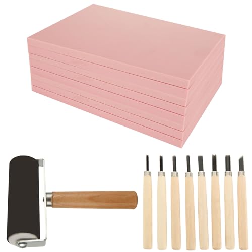 10 Pack Rubber Stamp Making Kit - Block Printing Kit，Linoleum Carving Tools with 8 Type Blades, 8 Pcs Pink Rubber Carving Block and Rubber Brayer Roller - size: 4x6inch-10pcs-kit-pink