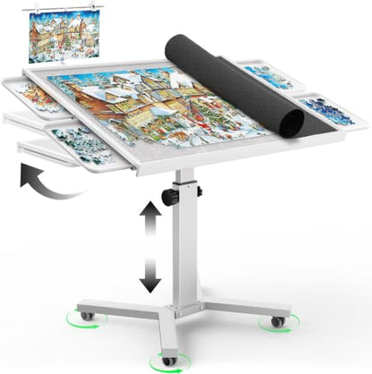 1500 Piece Jigsaw Puzzle Table with Legs, 35.43"x27.87" Metal Puzzle Tables for Adult (Stability Tested & Ergonomic), Adjustable Height & Tilt Angle, Wooden Puzzle Board with 4 Drawers & Cover - color: White（1500pcs）