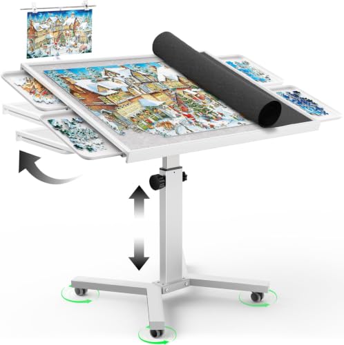 1500 Piece Jigsaw Puzzle Table with Legs, 35.43"x27.87" Metal Puzzle Tables for Adult (Stability Tested & Ergonomic), Adjustable Height & Tilt Angle, Wooden Puzzle Board with 4 Drawers & Cover - color: White（1500pcs）