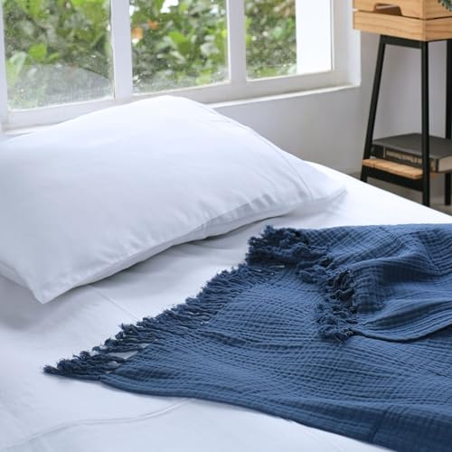 100% Cotton Gauze 50"X60" Throw Tassel 4 Layered Blanket- Navy Blue | Premium Muslin Blanket for Couch,Bed,Living,Summer Lightweight, All Seasons Blankets & Throws, Boho,Travel & Skin Friendly - color: Navy Blue, size: 50"X60" Throw