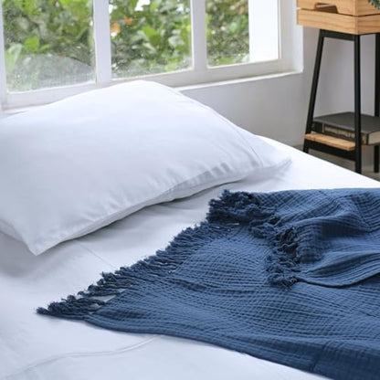 100% Cotton Gauze 50"X60" Throw Tassel 4 Layered Blanket- Navy Blue | Premium Muslin Blanket for Couch,Bed,Living,Summer Lightweight, All Seasons Blankets & Throws, Boho,Travel & Skin Friendly - color: Navy Blue, size: 50"X60" Throw