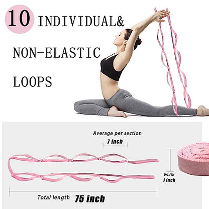 Stretching Strap Yoga Strap with Loops for Physical Therapy, Non-Elastic - color: Pink