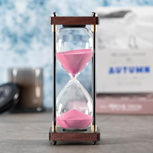 SAMLONG Large Hourglass Timer 60 Minute, Decorative Wood Sand Timer, Pink | 1 Hour Metal Sand Clock, Modern Office Home Décor - color: Pink Sand