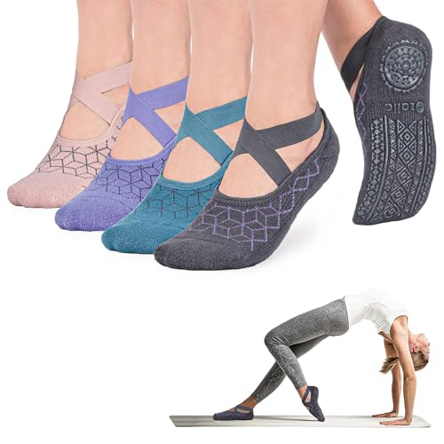 Ozaiic Pilates Socks for Women Non Slip Grip Yoga Barefoot Indoor Workout | Breathable cotton grippy sock, slipper sticky socks, one size fits women for barre, ballet, dance, hospital, home - color: 4 Pairs -Blue/Purple/Pink/Dark Gray