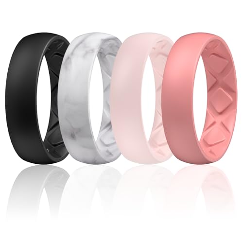 Egnaro Women's Bridal Rings Sets, 6mm Wide, 2mm Thick, Silicone Wedding Rubber Band with Half Size, Inner Arc Ergonomic Breathable Design - color: SETA-Black, Marble, Whitepink, Faint Red, size: 3.5-4