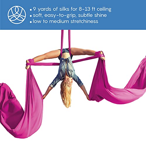 Aerial Silks Starter Kit, 9 Yards, Aerial Yoga Hammock, Hardware | Knitted fabric with pose guide, for aerial yoga, gymnastics, silk swing, stretching and home gym use, suitable for all levels - color: Hot Pink