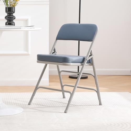 Padded Folding Chair Indoor Metal Frame Foldable Chair Blue | Comfortable Thick Vinyl Cushion Seat Durable Elegant Upholstered Single Chair for Small Space Home, Office and Events - color: Blue