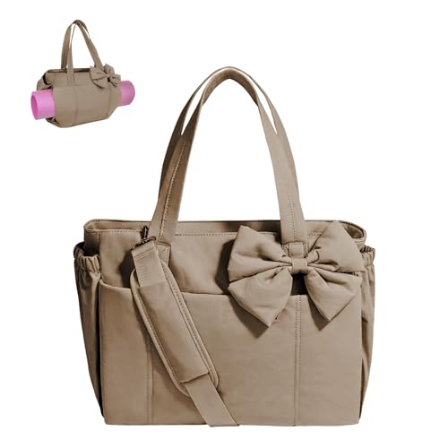 Gosect Women’s Crush Bow Puffer Tote Bag, Water Resistant Laptop Travel Yoga Work Bag - color: Khaki