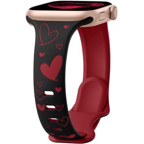 Lerobo Slim Thin Two-Tone Compatible with Apple Watch Band 40mm 38mm 41mm 42mm 44mm 45mm 46mm 49mm for Women- Soft Cute Flower/Heart Engraved Sport Band for iWatch Series 11 10 9 8 7 6 5 4 3 SE Ultra - color: B Black/Red, size: 44mm/45mm/46mm/49mm/(42mm-s