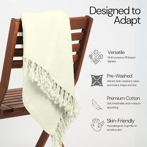 100% Cotton Gauze 50"X60" Throw Tassel 4 Layered Blanket- Sea Foam | Premium Muslin Blanket for Couch,Bed,Living,Summer Lightweight, All Seasons Blankets & Throws, Boho,Travel & Skin Friendly - color: Sea Foam, size: 50"X60" Throw
