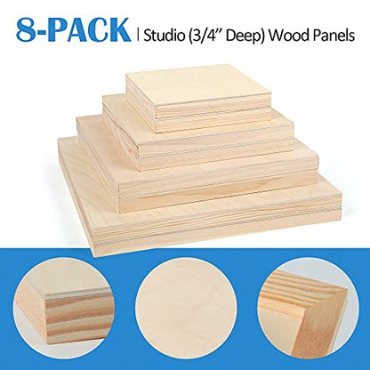 Falling in Art 8 Pack 4 Sizes Unfinished Birch Wood Canvas Panels Kit | Studio 3/4’’ Deep Wood Canvas, Cradle Boards for Painting, Pouring, Burning, Crafts, Epoxy Resin, Laser Engraving Cutting - size: 6*6 8*8 10*10 12*12 2-Pack