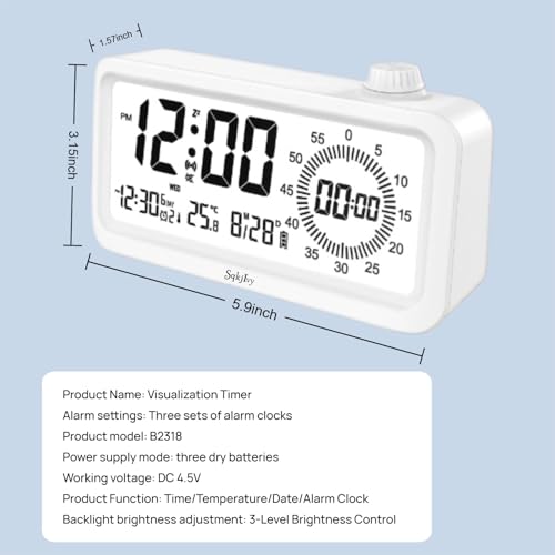 Visual Digital Timer for Kids with LCD Display,3-Level Adjustable Backlight,Temperature Date,Silent Operation,3 Alarms, Snooze,Type-C Charging for Kids Studying/Office/Sleeping/Kitchen(White)