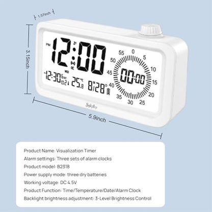 Visual Digital Timer for Kids with LCD Display,3-Level Adjustable Backlight,Temperature Date,Silent Operation,3 Alarms, Snooze,Type-C Charging for Kids Studying/Office/Sleeping/Kitchen(White)