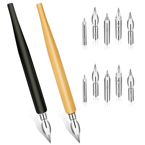 12PCS Comic Pen Nibs Set, Oblique Calligraphy Dip Pen Nib Holder with Stainless Steel Replacements for Writing, Signing, Painting - color: Wood+Black