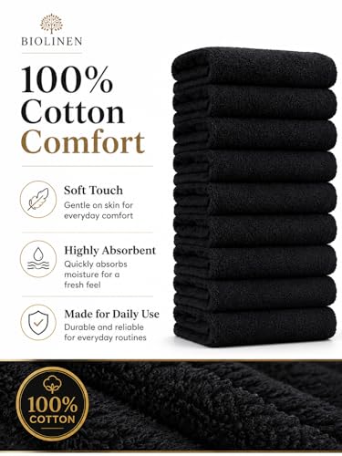 BIOLINEN Salon Towels 24 Pack Black 15x25, 100% Cotton Hand Towels for Bathroom, Bleach Resistant Barber Esthetician Spa Gym Towels, Super Absorbent - color: Black