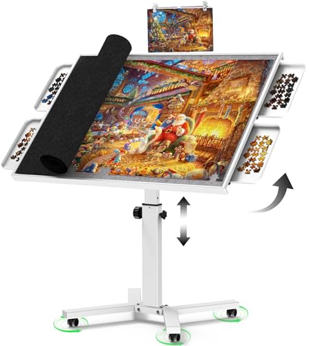 2000 Pieces Jigsaw Puzzle Table with Drawers & Legs, 41.34"x29.53" Metal Adult Puzzle Table (Stability Tested & Ergonomic), Adjustable Height & Tilt Angle, Wooden Puzzle Board with Wheels & Cover - color: White（2000pcs）