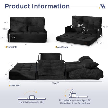 MAXYOYO Adjustable Folding Sofa Bed Couch with 2 Pillows, Black | Multi-Functional Bean Bag Bed, 5-Position Foldable Lazy Floor Sofa Bed with Armrest, Versatile Floor Seating for Reading - color: Black